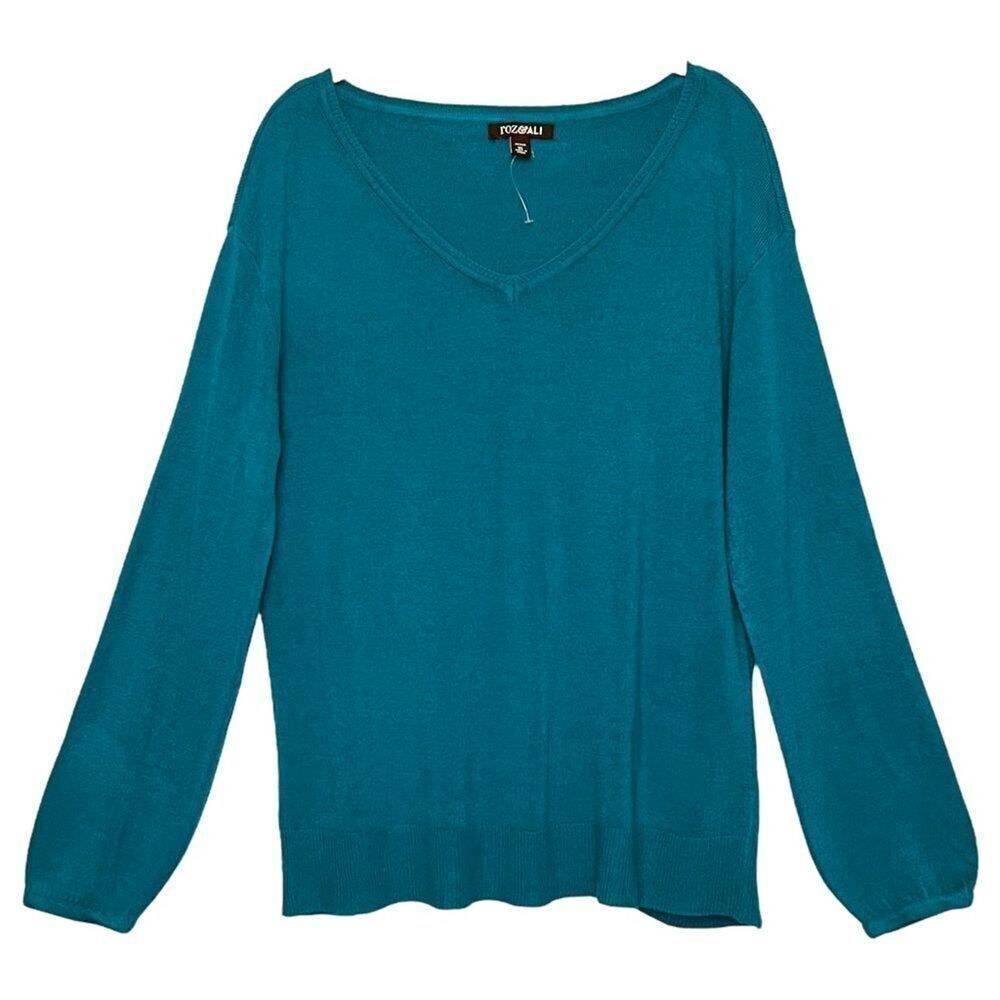 Roz & Ali Teal Blue Green Soft Lightweight Long Sleeve V Neck Sweater Size XL P